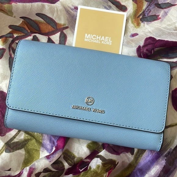 Brand New Michael Kors Genuine Leather Chambray Blue Snap Wallet Clutch - Picture 1 of 16